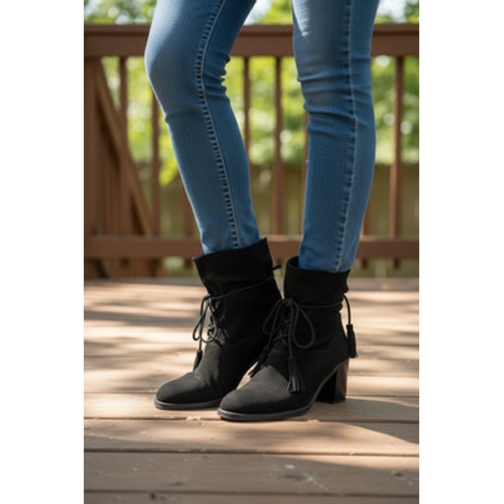 Jeffrey Campbell Suede‎ Ankle Boots Womens 10 Black Block Heel Tassel Lace Up